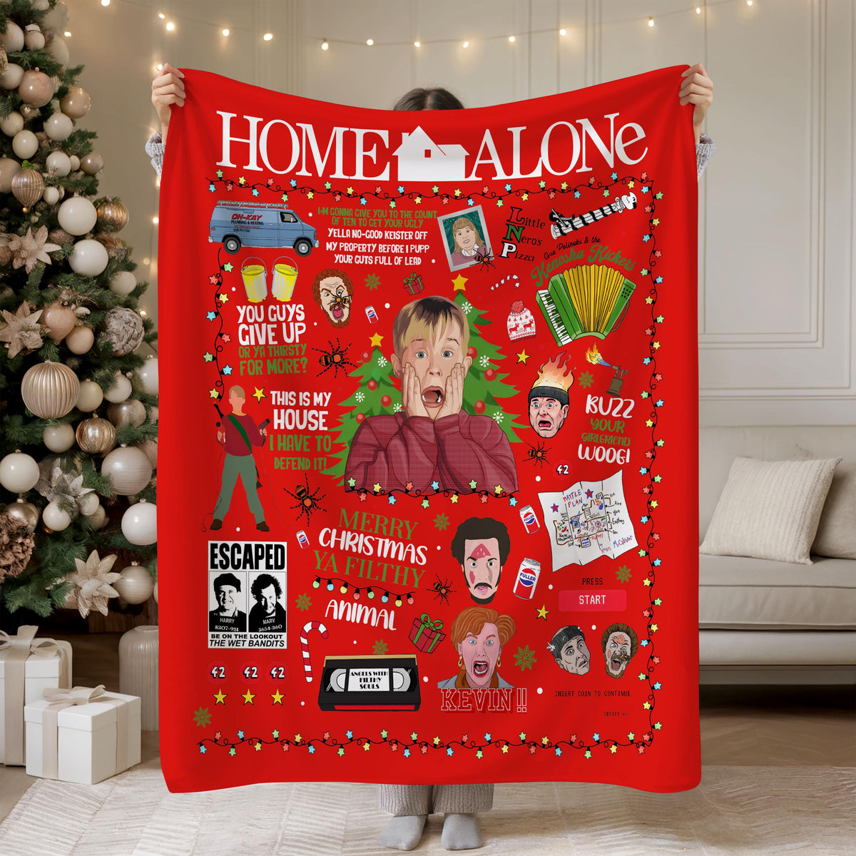 Home Alone Christmas Blanket, Retro 90s Funny Holiday Movie Throw, Xmas Gift for Movie Lovers, Christmas Vacation Blanket, Christmas Gift