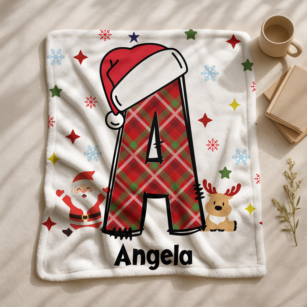 Christmas Initial Blanket, Custom Name, Festive Print (Sherpa or Minky)