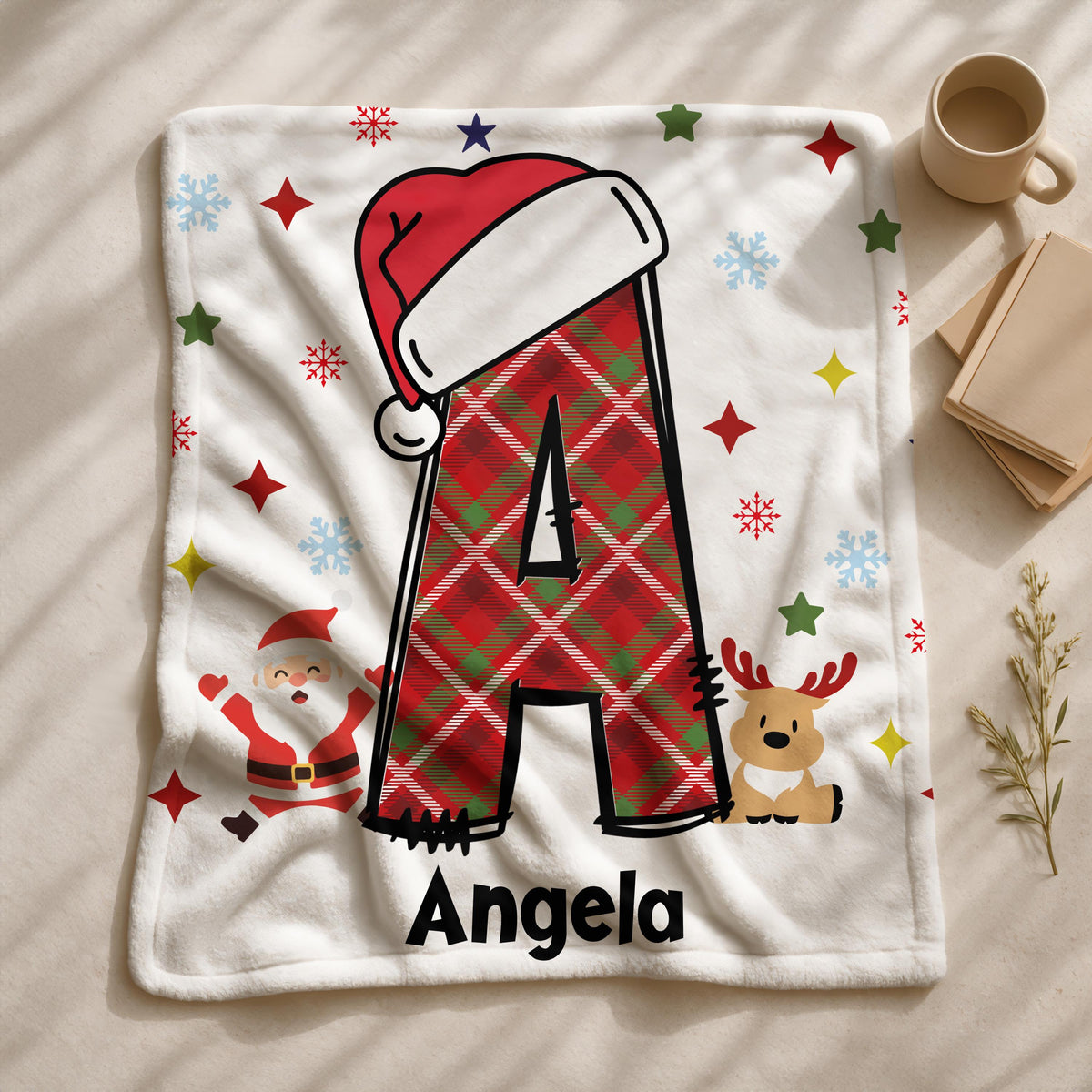 Christmas Initial Blanket, Custom Name, Festive Print (Sherpa or Minky)
