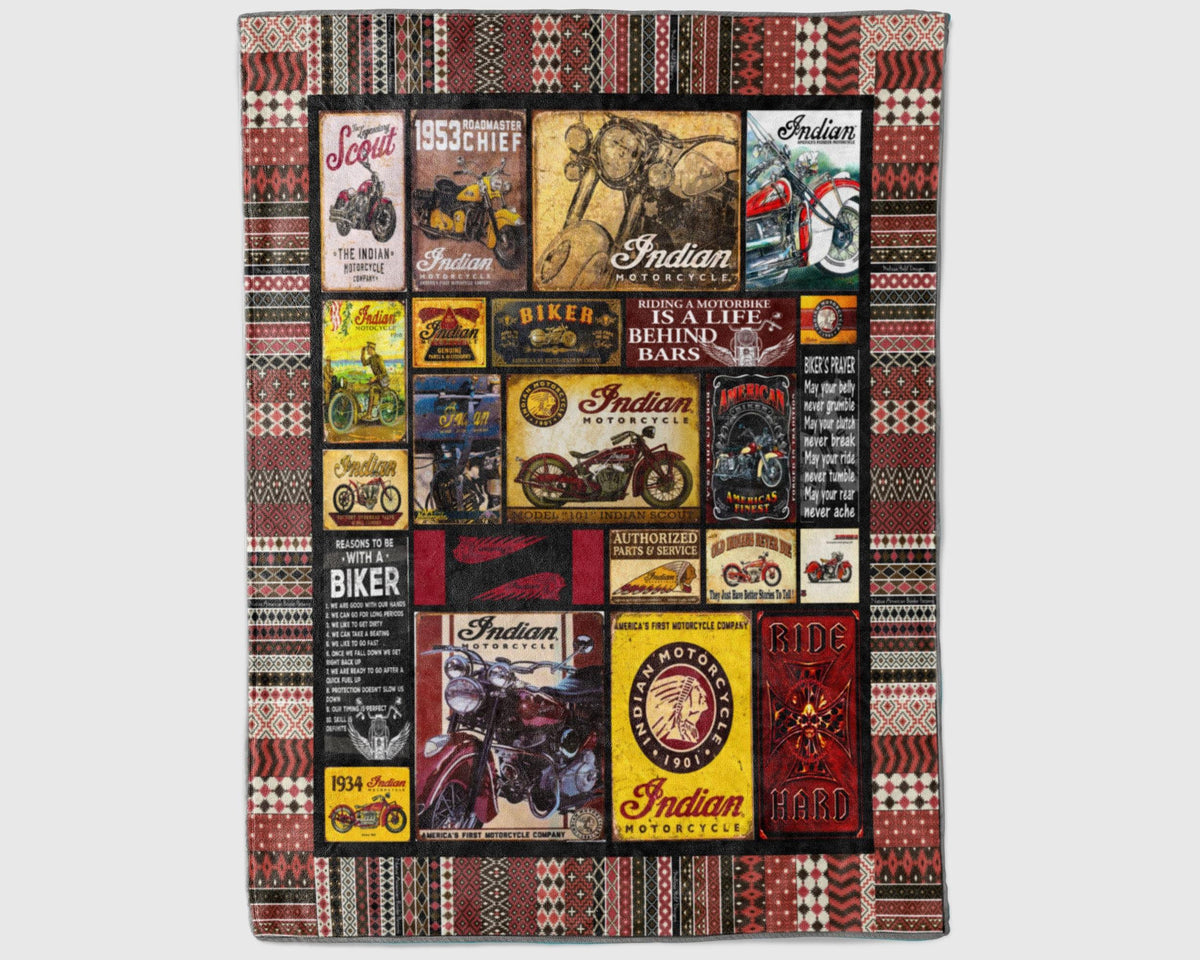 Vintage Indian Motorcycle Blanket, Biker Blanket, Motorbike Fleece Sherpa Blanket, American Motorcycle Blanket, Retro Motorcycle Blanket
