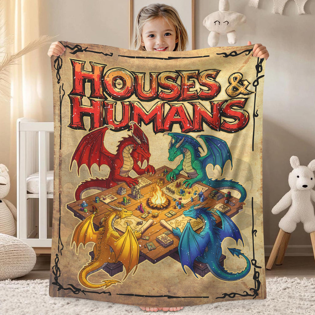 Dungeons And Dragons DnD Fleece Blanket Gift For Gamer, Houses and Humans D&D Blanket, Board Game Throw Blanket For Bed Coach, Sofa