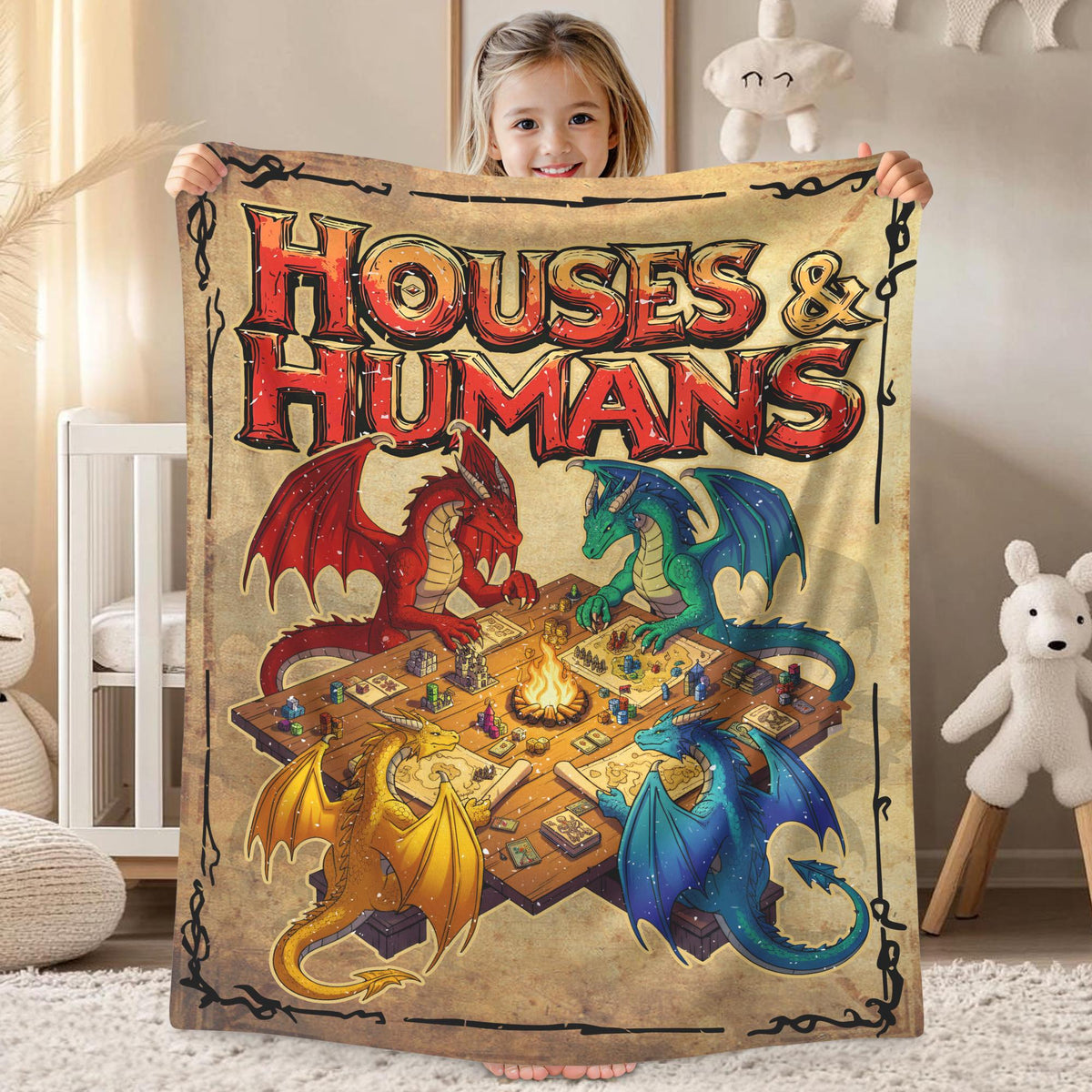 Dungeons And Dragons DnD Fleece Blanket Gift For Gamer, Houses and Humans D&D Blanket, Board Game Throw Blanket For Bed Coach, Sofa