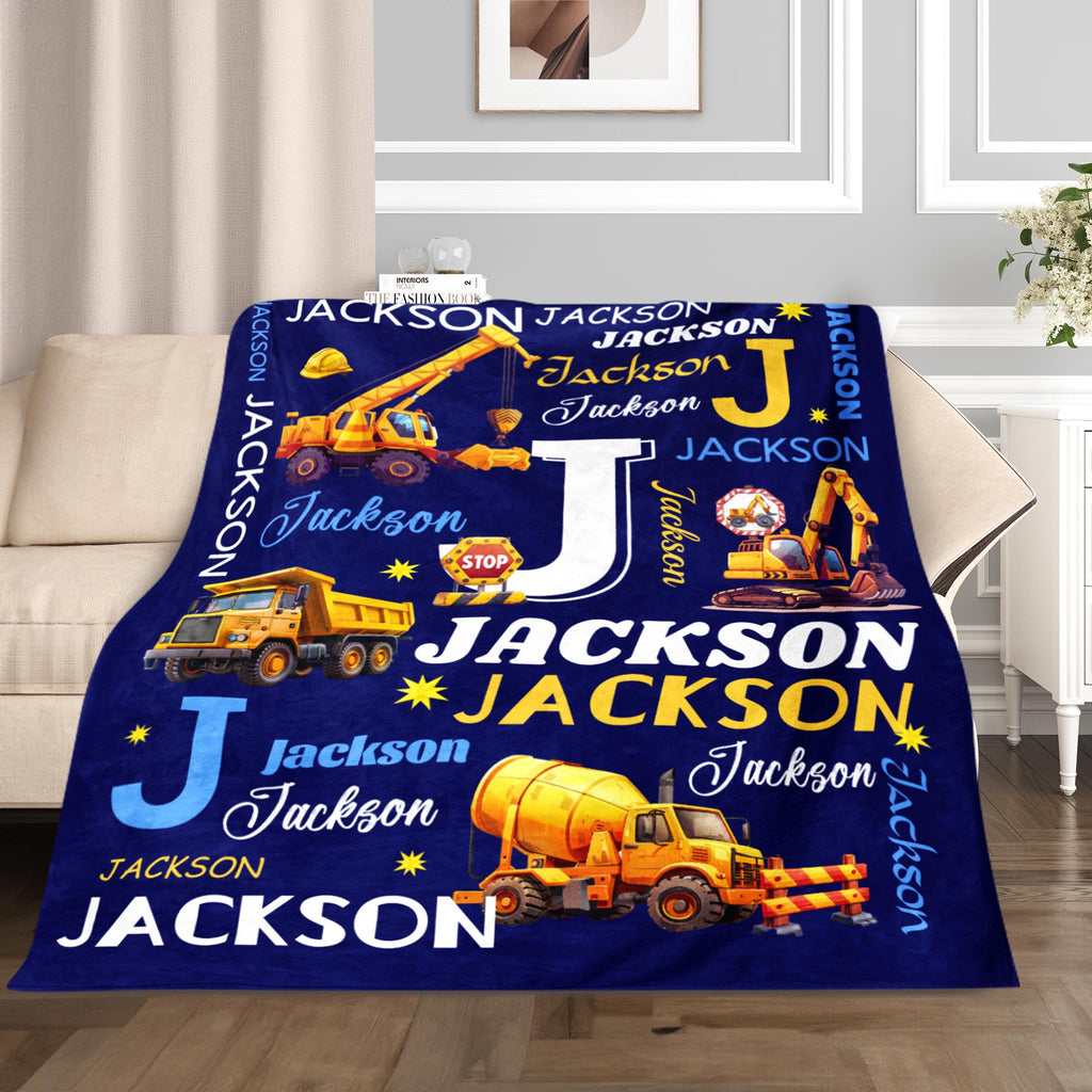 Personalized Excavator Name Blanket for Kids – Custom Construction Truck Blanket, Boys Christmas Gift, Custom Name Throw Blanket