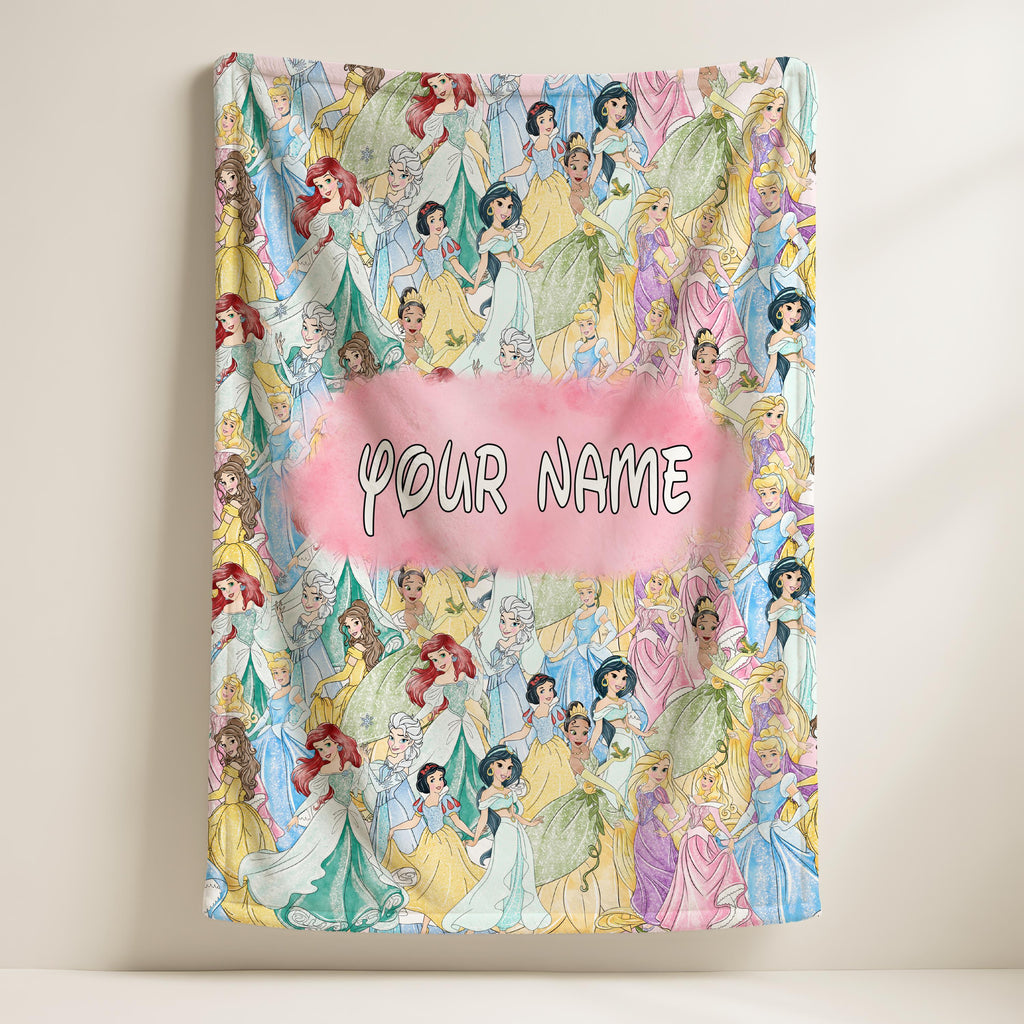 Personalized Watercolor Princess Blanket, Cartoon Movie Blanket, Favorite Princess Woven Fleece Blanket, Custom Name Sherpa Throw Blanket