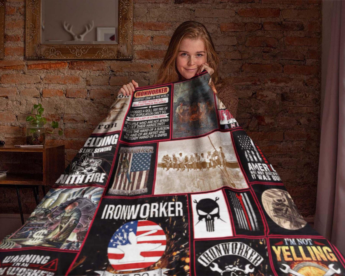 Ironworker Blanket, Welding Blanket, America Ironworker Fleece Sherpa Blanket, Ironworking Blanket, Welder Blanket, Union Iron Blanket