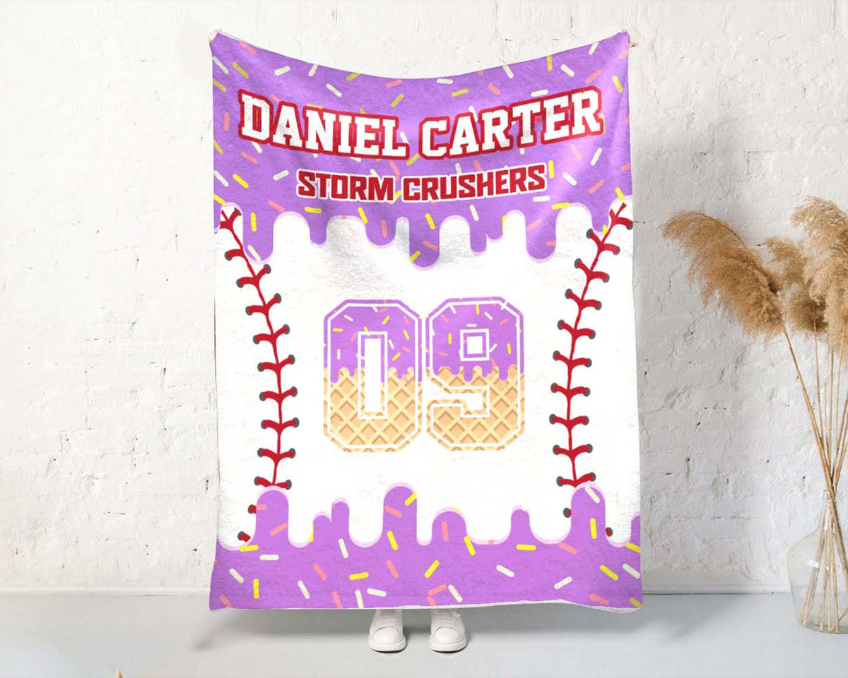 Custom Baseball Drip Blanket, Ice Cream Drip Baseball Blanket, Custom Name And Number Blanket, Baseball Player Gift, Baseball Coach Gift