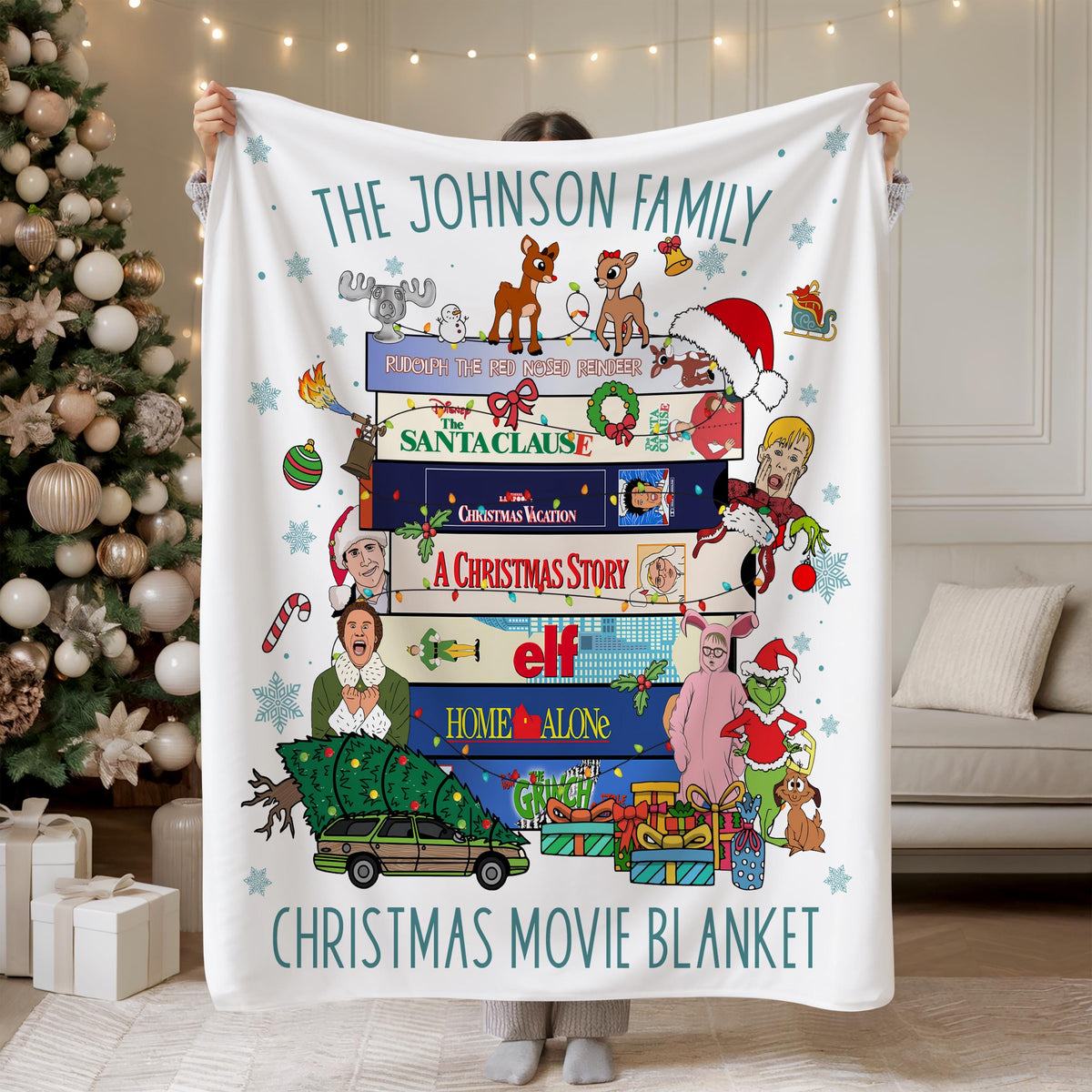 Personalized Christmas Movies Blanket, Funny Retro Holiday Family Throw with Classic 80s & 90s Film Theme, Cozy Christmas Movie Night Gift