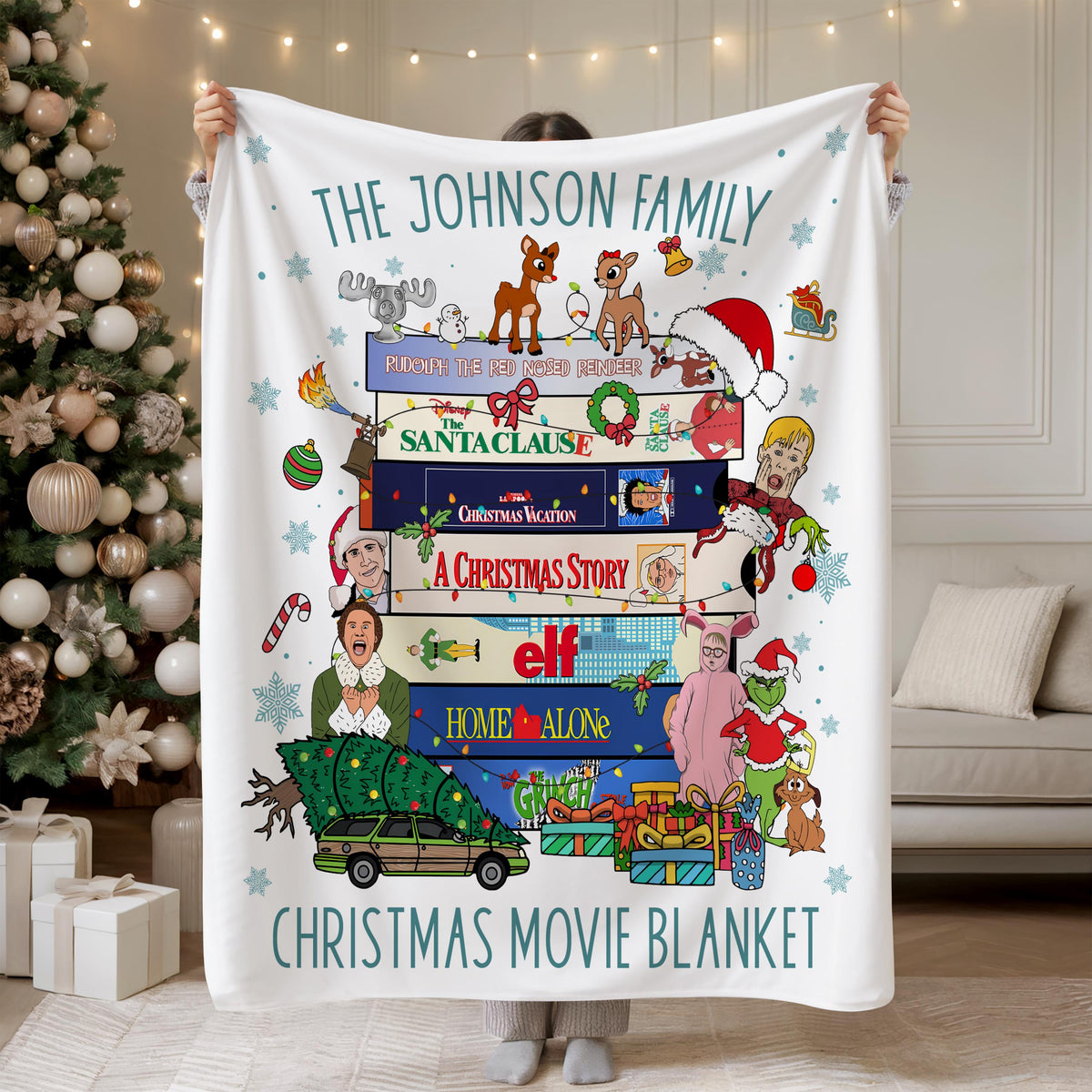 Personalized Christmas Movies Blanket, Funny Retro Holiday Family Throw with Classic 80s & 90s Film Theme, Cozy Christmas Movie Night Gift