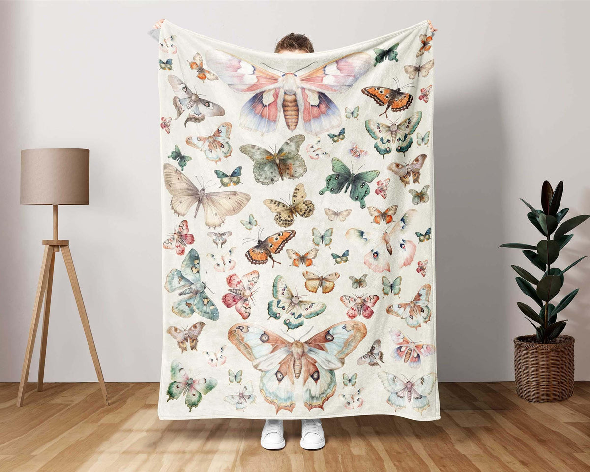 Vintage Butterfly Fleece Sherpa Blanket, Cottagecore Blanket, Botanical Blanket, Nature Blanket, Butterfly Lover Gift, Insect Blanket