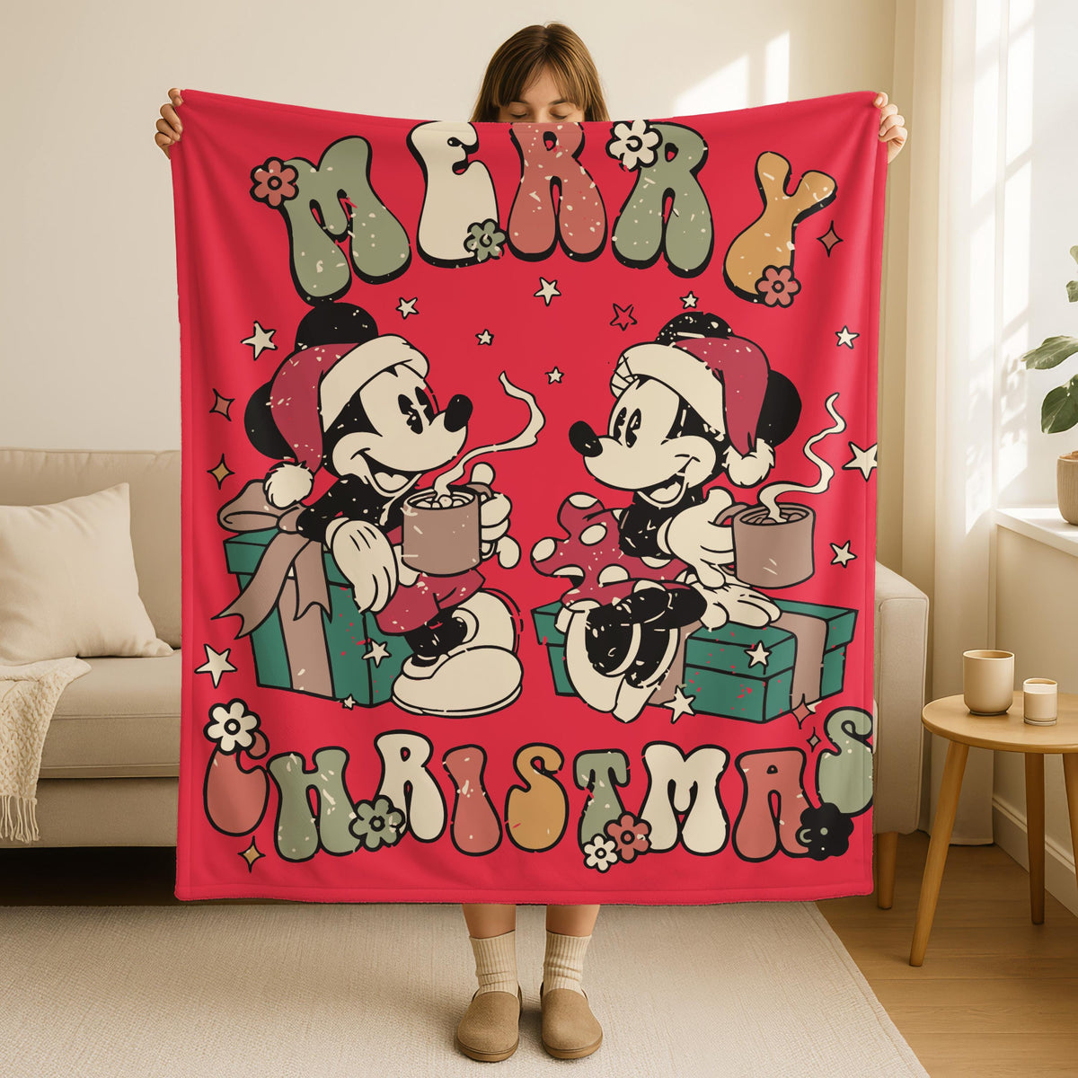 Merry Christmas Blanket, Mickey Mouse Xmas Blanket, Minnie Mouse Christmas Blanket,Disneyland Christmas Blanket,Mickey Minnie Blanket Gift