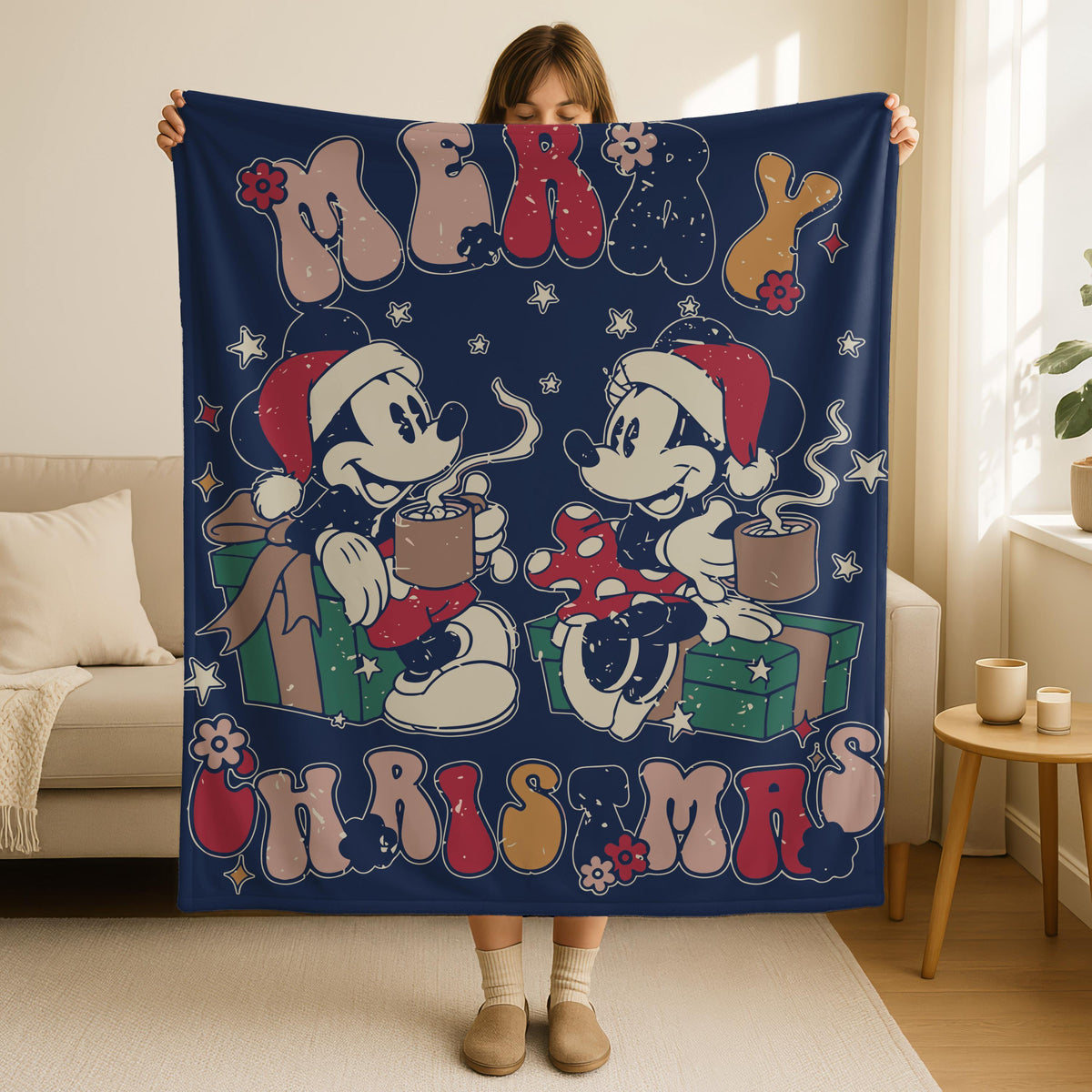 Customizable Mickey & Minnie Mouse Christmas Blanket, Vintage Hot Cocoa Christmas Blanket, Merry Christmas Disney Blanket, Disney Blanket