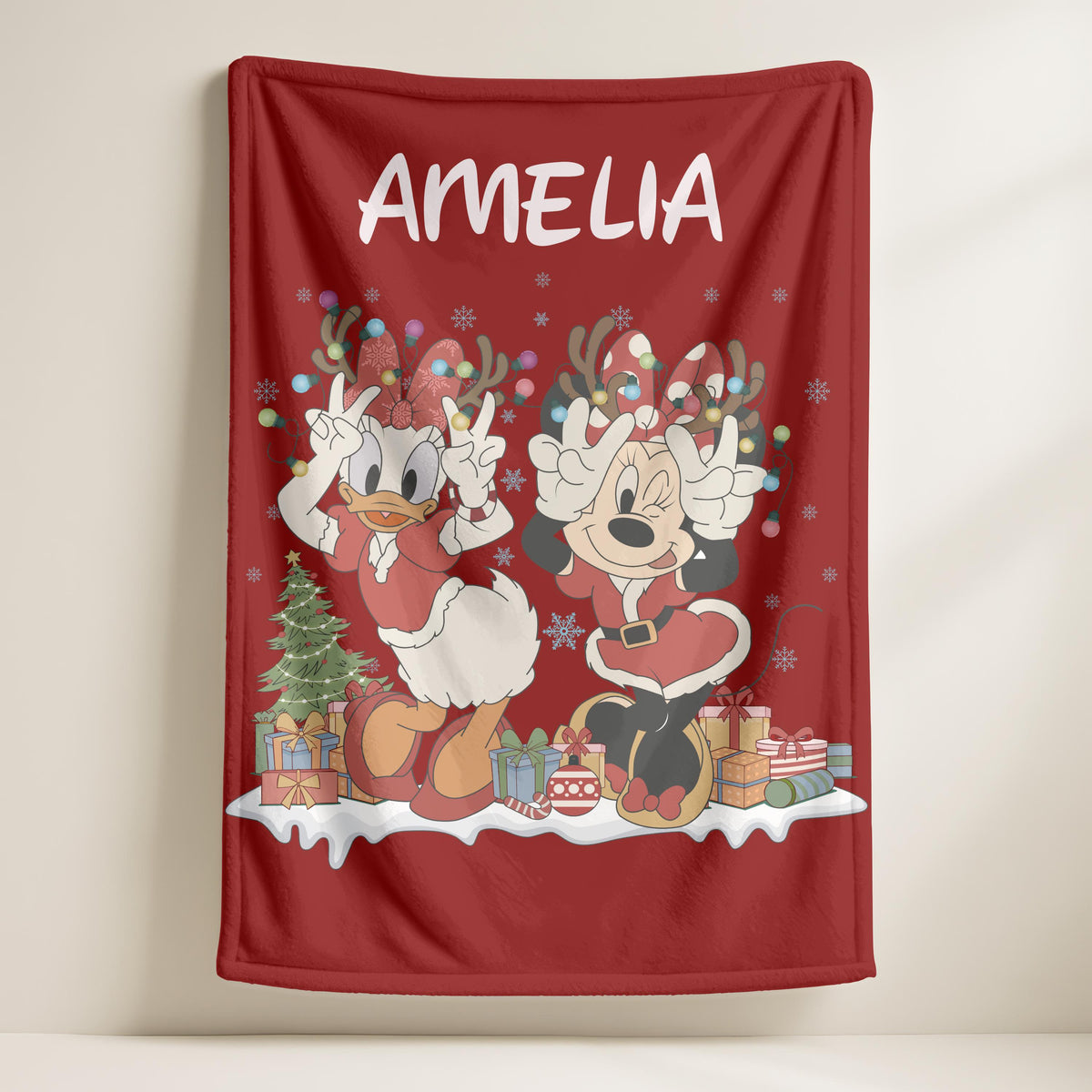 Minnie and Daisy Personalized Christmas Blanket, Personalized Minnie And Daisy Coquette Bow Blanket, Daisy Duck And Minnie Mouse Blanket