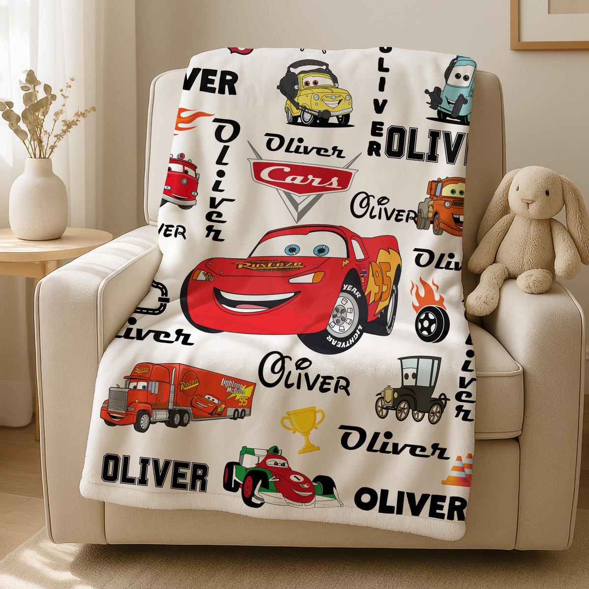 Lightning McQueen Blanket - Custom Name, Soft Kids Throw