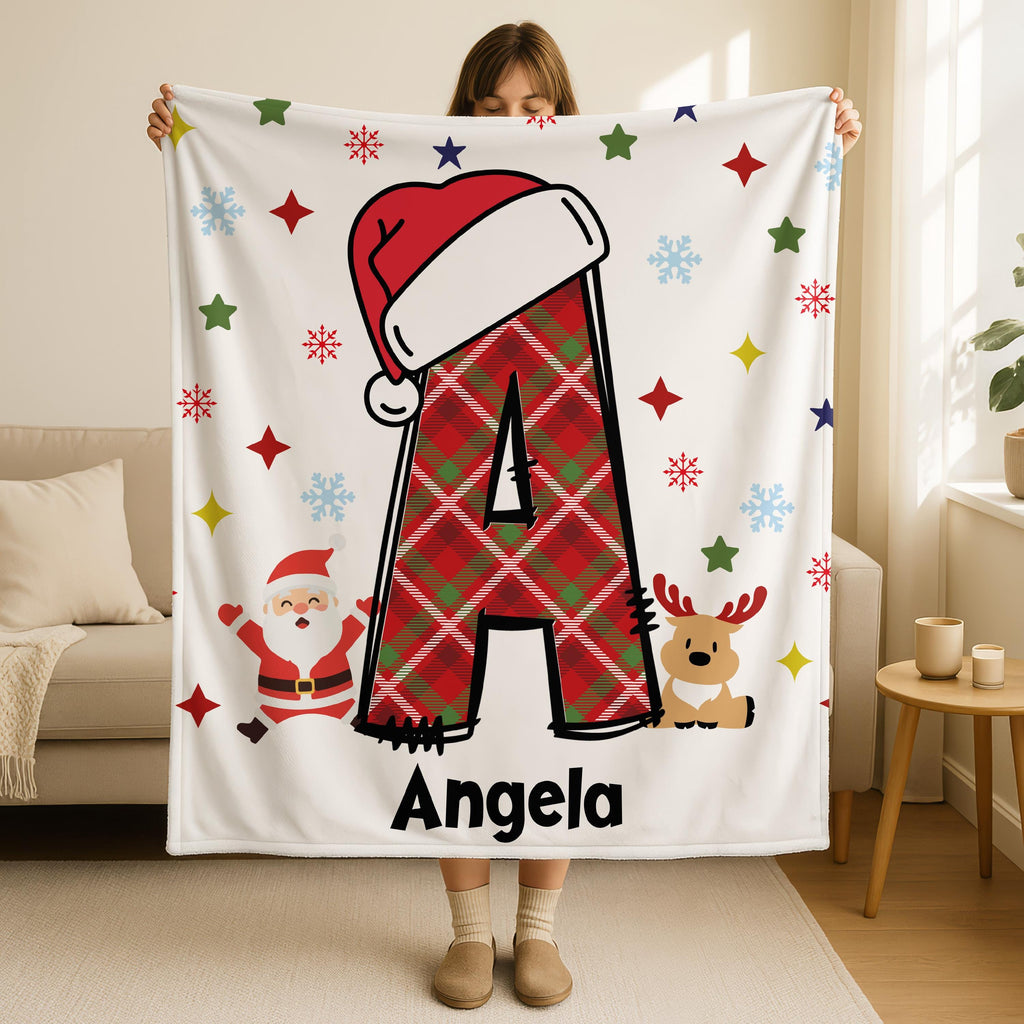 Christmas Initial Blanket, Custom Name, Festive Print (Sherpa or Minky)
