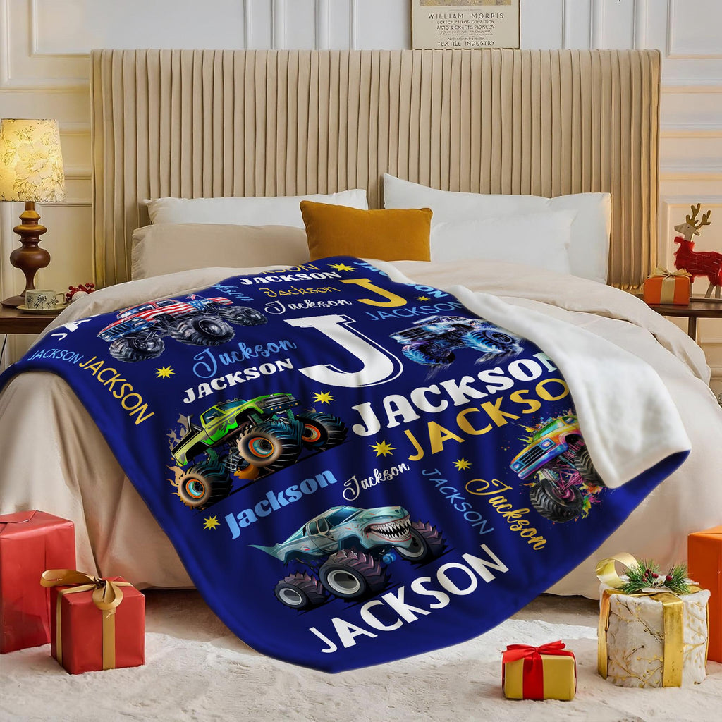 Personalized Monster Truck Name Blanket for Kids – Custom Truck Blanket, Boys Christmas Gift, Custom Name Throw Blanket