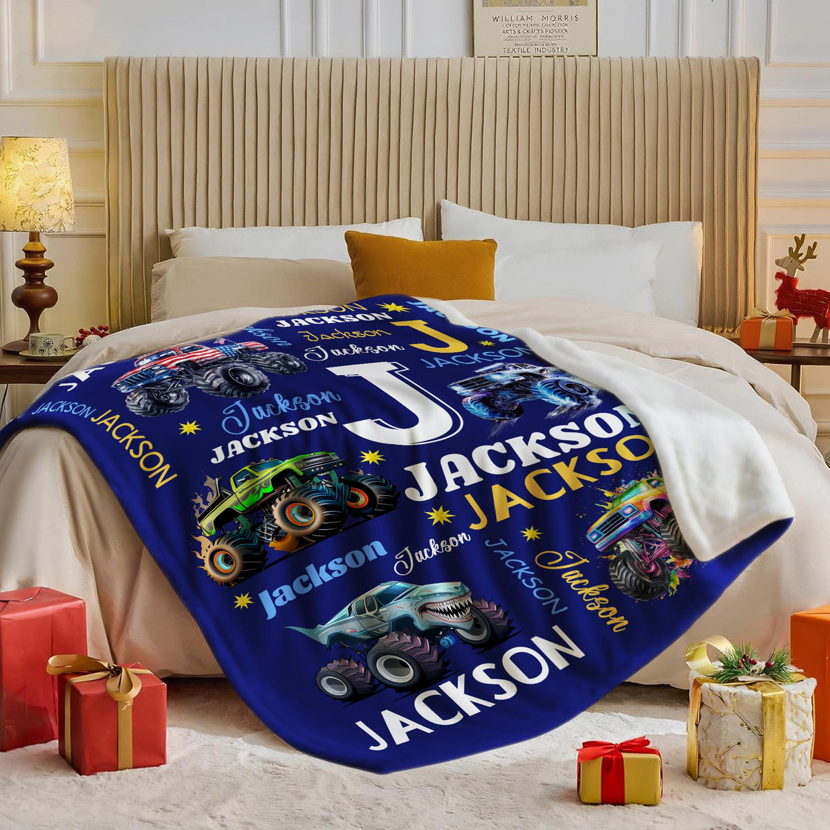 Personalized Monster Truck Name Blanket for Kids – Custom Truck Blanket, Boys Christmas Gift, Custom Name Throw Blanket