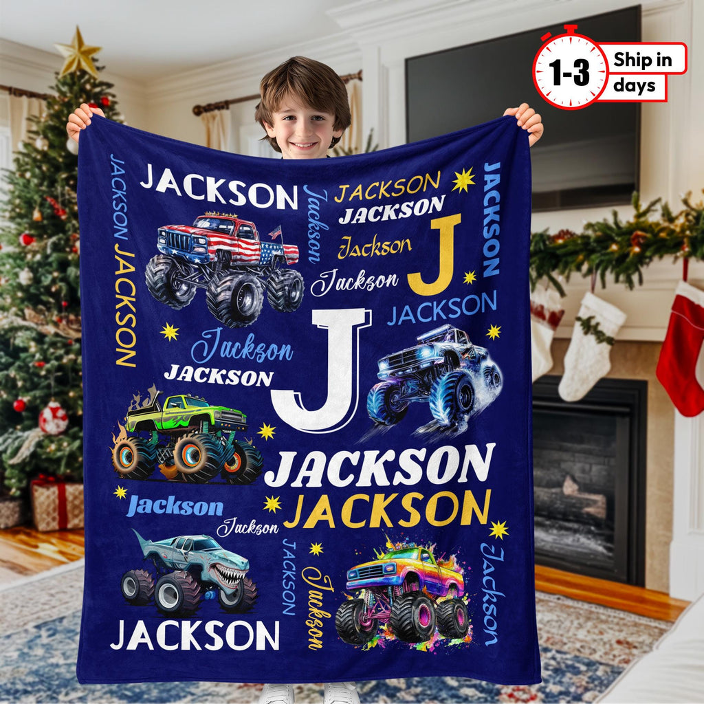 Personalized Monster Truck Name Blanket for Kids – Custom Truck Blanket, Boys Christmas Gift, Custom Name Throw Blanket