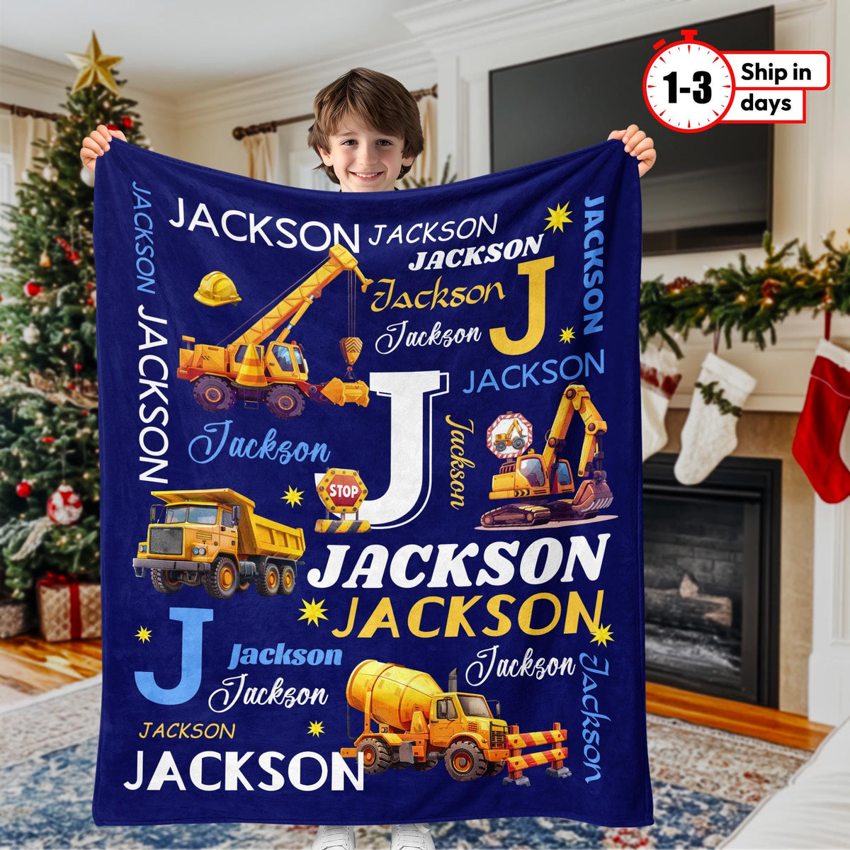 Personalized Excavator Name Blanket for Kids – Custom Construction Truck Blanket, Boys Christmas Gift, Custom Name Throw Blanket