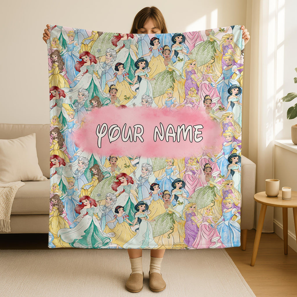 Personalized Watercolor Princess Blanket, Cartoon Movie Blanket, Favorite Princess Woven Fleece Blanket, Custom Name Sherpa Throw Blanket