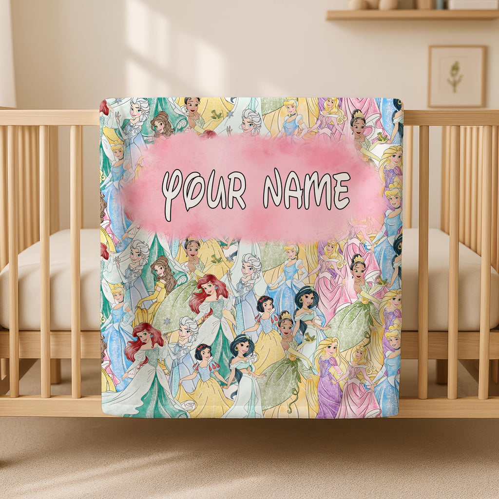 Personalized Watercolor Princess Blanket, Cartoon Movie Blanket, Favorite Princess Woven Fleece Blanket, Custom Name Sherpa Throw Blanket