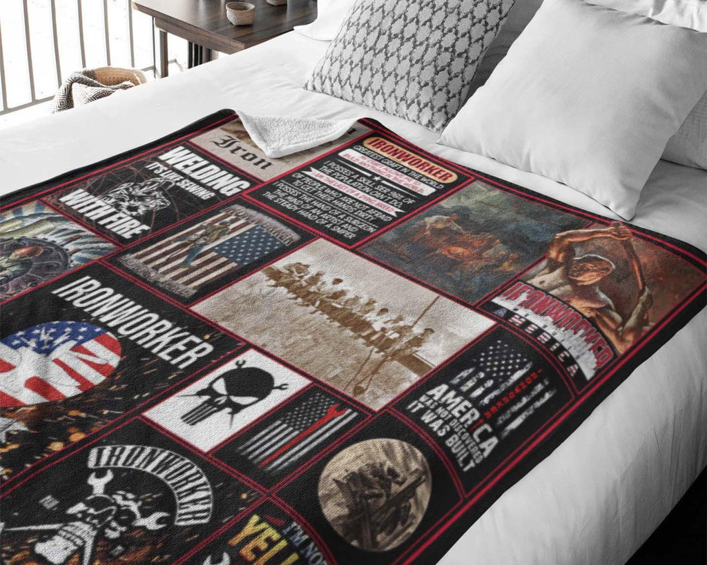 Ironworker Blanket, Welding Blanket, America Ironworker Fleece Sherpa Blanket, Ironworking Blanket, Welder Blanket, Union Iron Blanket