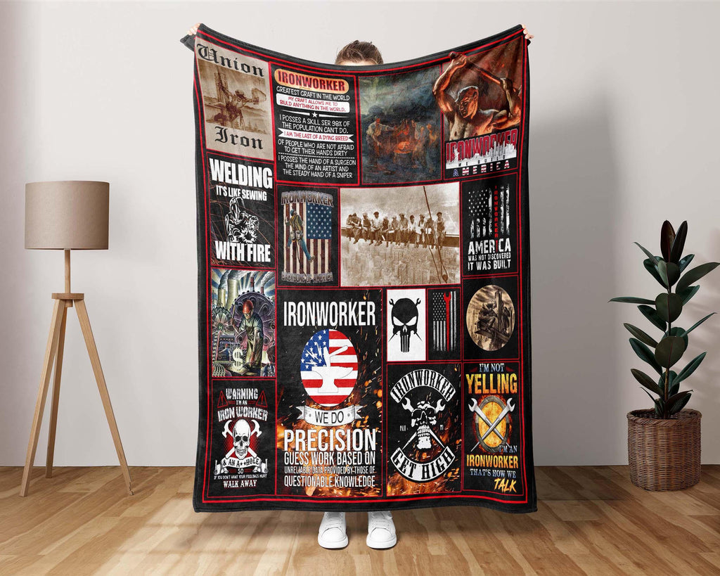 Ironworker Blanket, Welding Blanket, America Ironworker Fleece Sherpa Blanket, Ironworking Blanket, Welder Blanket, Union Iron Blanket