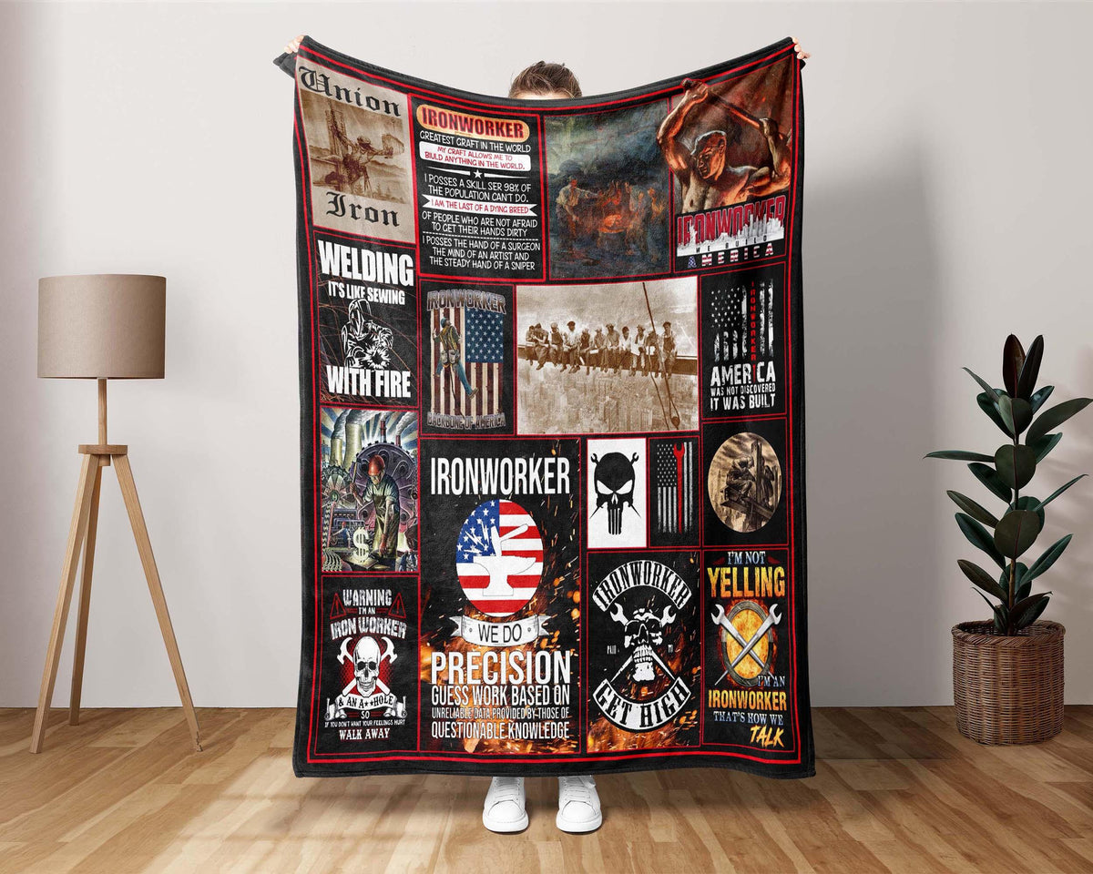Ironworker Blanket, Welding Blanket, America Ironworker Fleece Sherpa Blanket, Ironworking Blanket, Welder Blanket, Union Iron Blanket