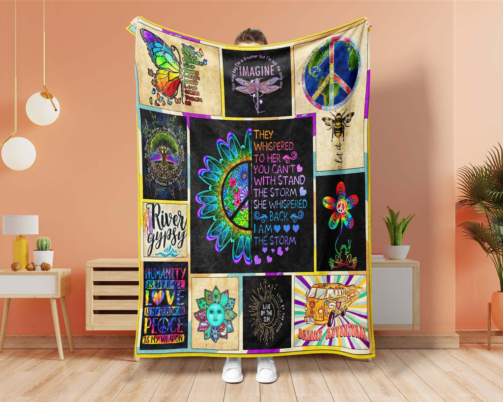 Sunflower Hippie Girl Blanket, Hippie Fleece Sherpa Blanket, Hippie Blanket, Peace Love Hippie Blanket, Gypsy Girl Blanket, Daughter Blanket