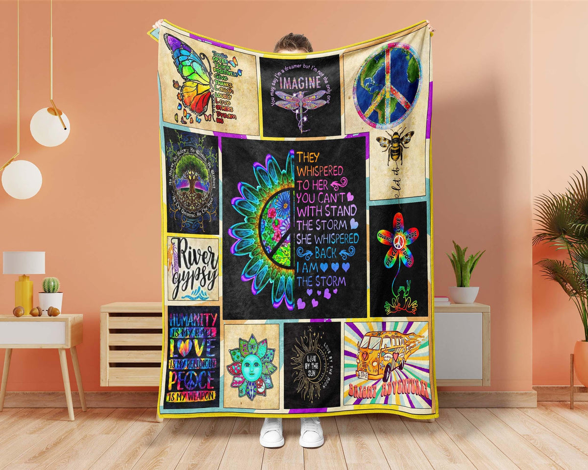 Sunflower Hippie Girl Blanket, Hippie Fleece Sherpa Blanket, Hippie Blanket, Peace Love Hippie Blanket, Gypsy Girl Blanket, Daughter Blanket