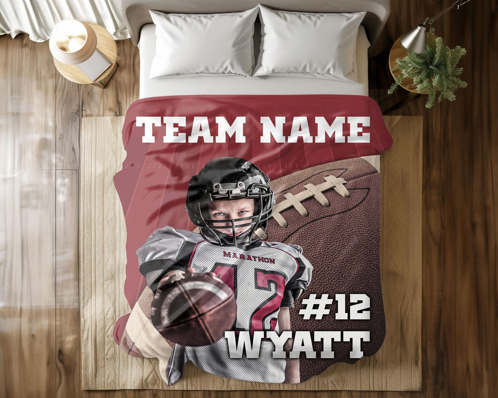 Custom American Football Blanket with Name & Number, Football Photo Throw, Sports Fan Gift, Football Player Blanket, Football Coach Gift