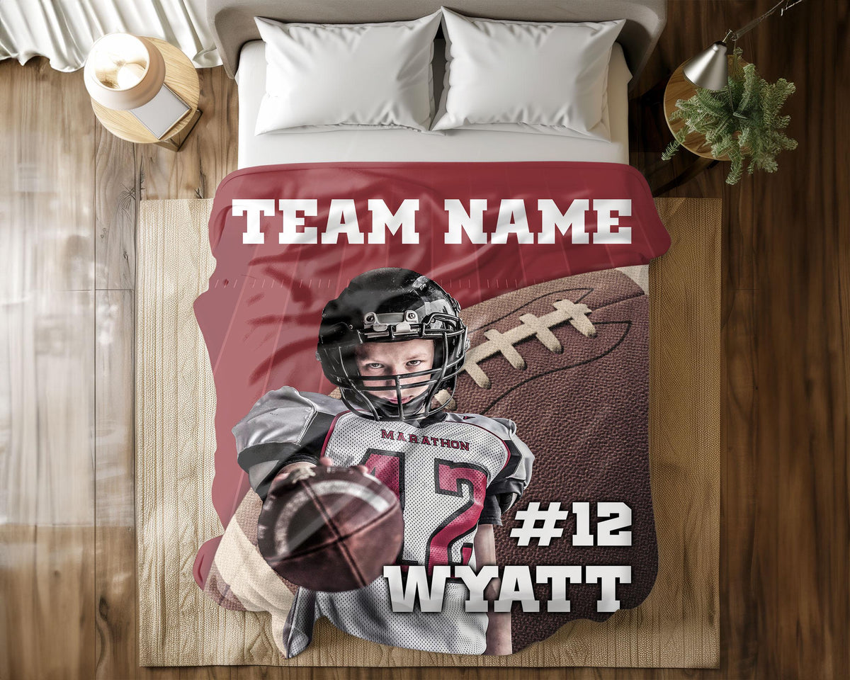 Custom American Football Blanket with Name & Number, Football Photo Throw, Sports Fan Gift, Football Player Blanket, Football Coach Gift