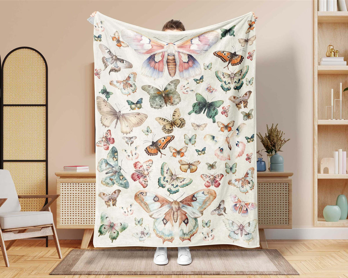Vintage Butterfly Fleece Sherpa Blanket, Cottagecore Blanket, Botanical Blanket, Nature Blanket, Butterfly Lover Gift, Insect Blanket