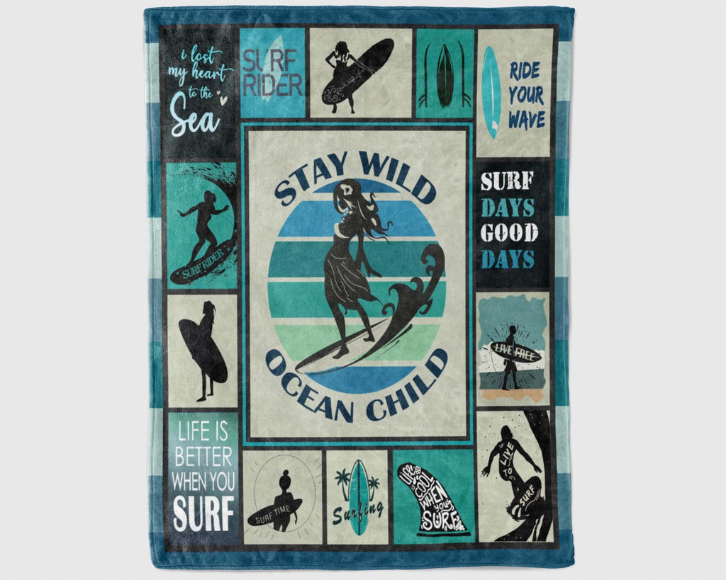 Surfing Girl Blanket, Stay Wild Ocean Child Blanket, Surfing Fleece Sherpa Blanket, Surfer Gift, Surf Blanket, Ocean Sport Blanket