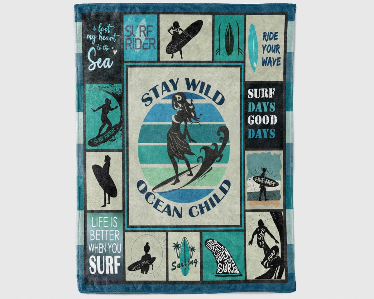 Surfing Girl Blanket, Stay Wild Ocean Child Blanket, Surfing Fleece Sherpa Blanket, Surfer Gift, Surf Blanket, Ocean Sport Blanket