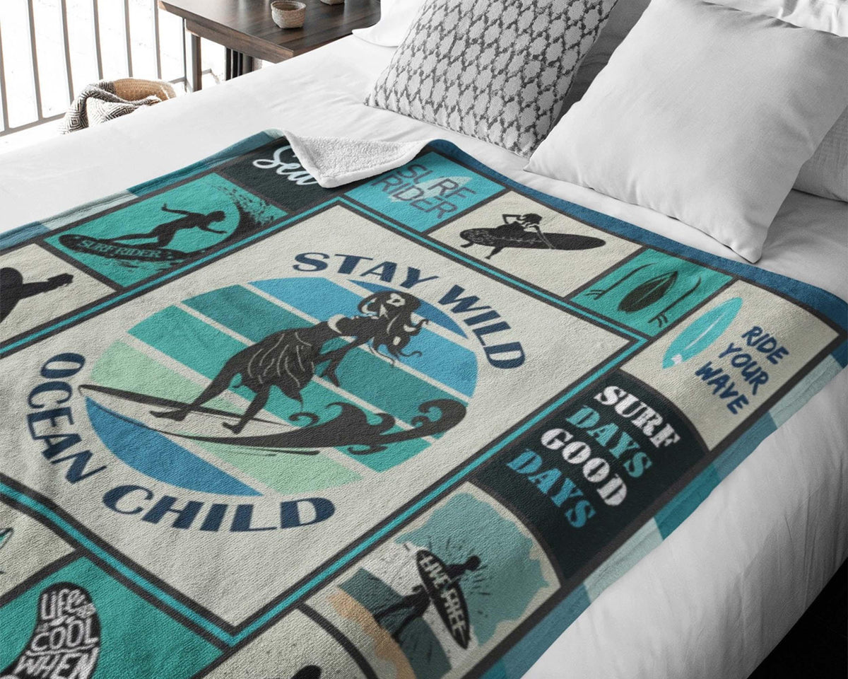 Surfing Girl Blanket, Stay Wild Ocean Child Blanket, Surfing Fleece Sherpa Blanket, Surfer Gift, Surf Blanket, Ocean Sport Blanket