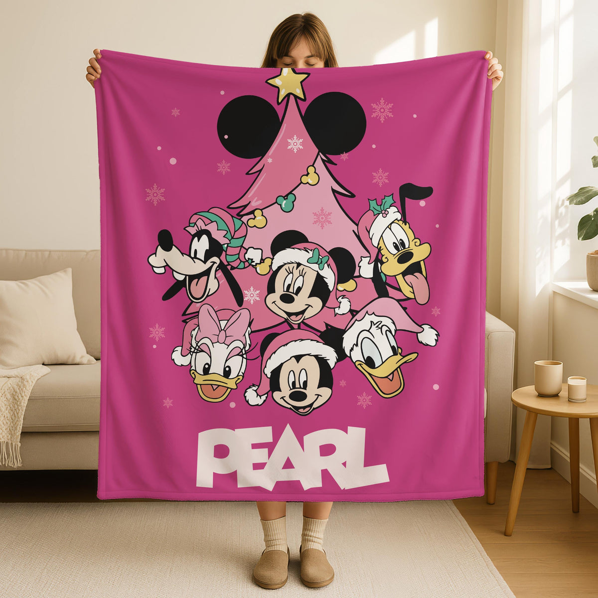 Custom Disney Mickey & Friends Christmas Pink Tree Blanket, Mickey's Very Merry Christmas Throw Blanket, Disney Gift, Disney Holiday Decor