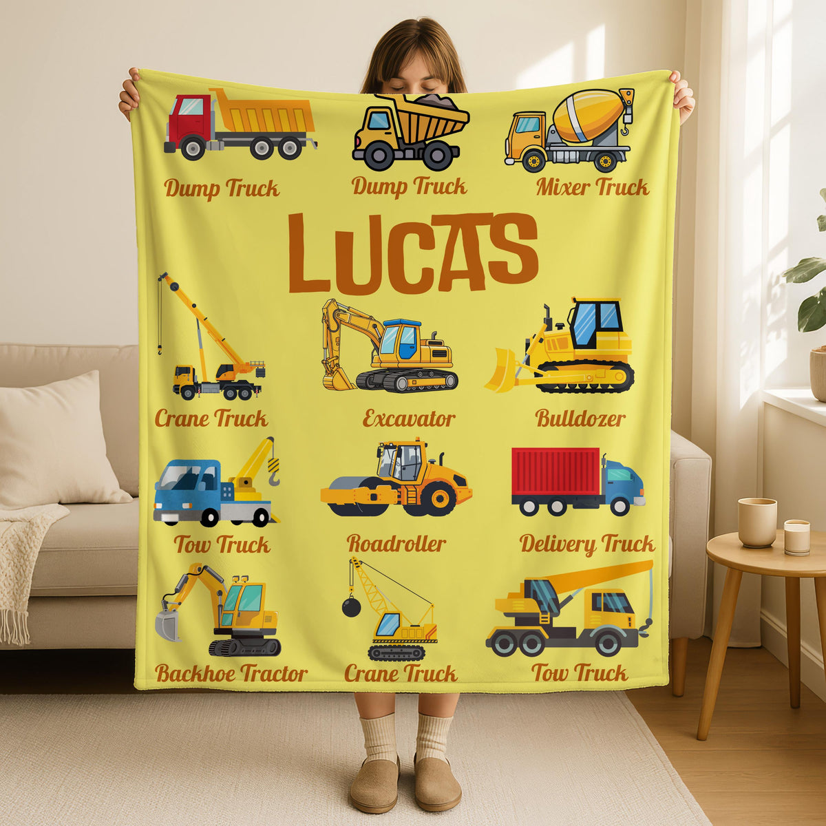 Custom Name Work Vehicles Construction Trucks Blanket, Boys Girls Truck Lover Throw Blanket,Construction Nursery Decor,Baby Boy Blanket