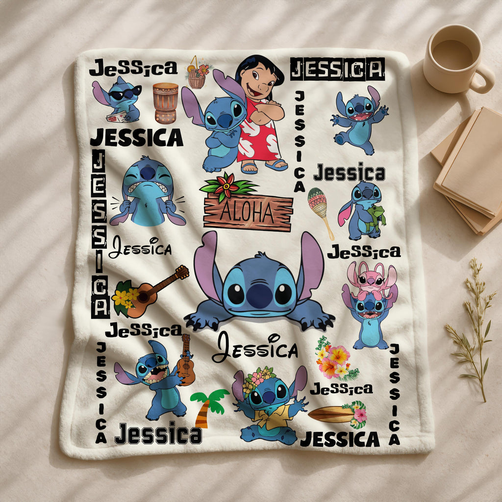 Personalized Lilo Stitch Blanket, Custom Name Stitch Kids Name Blanket, Disney Blanket, Ohana Means Family Blanket, Disneyland Stitch Gifts