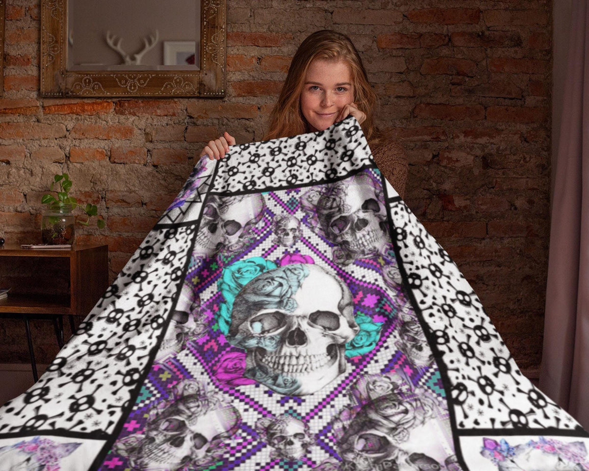 Skull Floral Blanket, Skull Fleece Sherpa Blanket, Skeleton Lover Blanket, Skull Lover Blanket, Skull Mom Blanket, Skull Gift