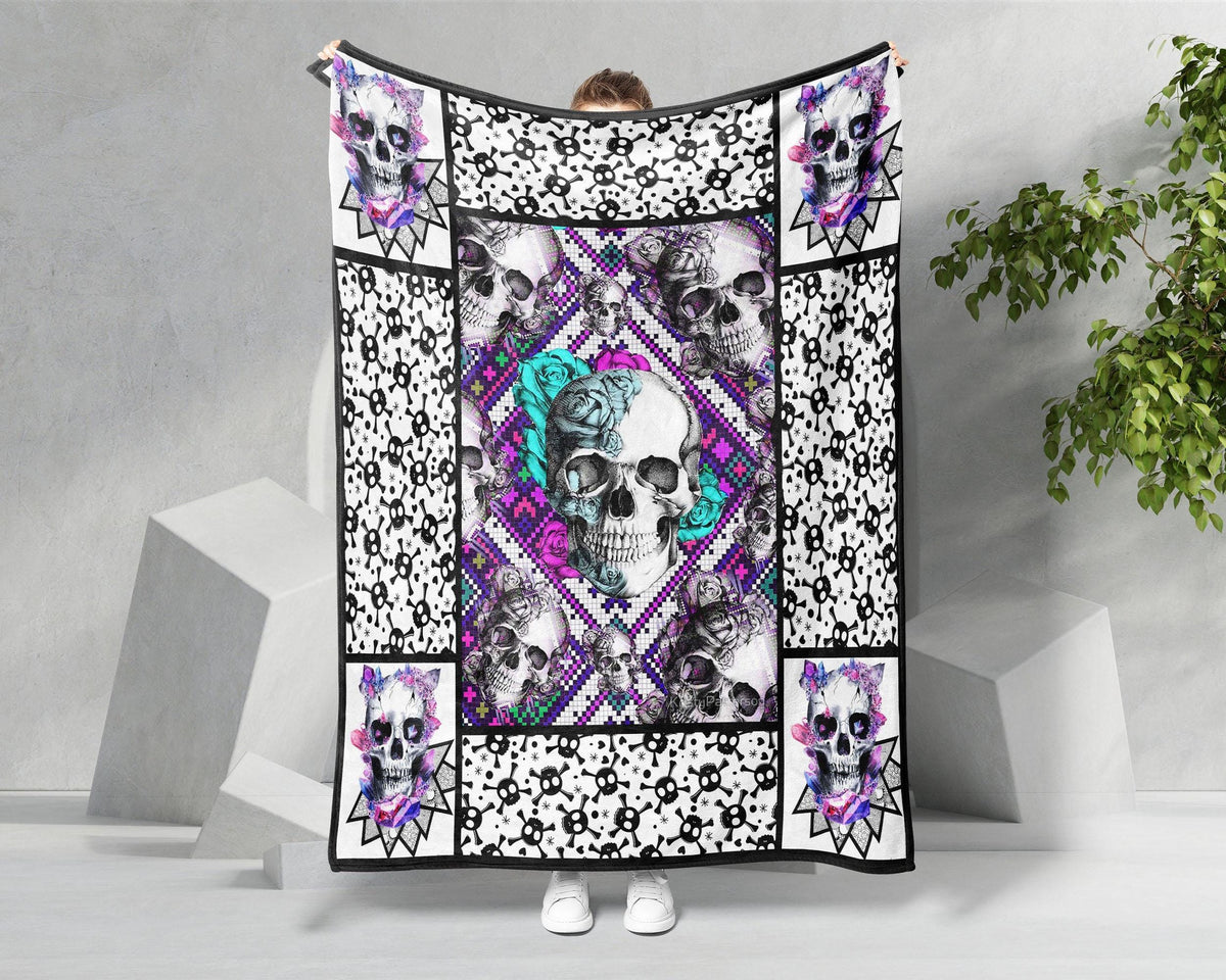 Skull Floral Blanket, Skull Fleece Sherpa Blanket, Skeleton Lover Blanket, Skull Lover Blanket, Skull Mom Blanket, Skull Gift