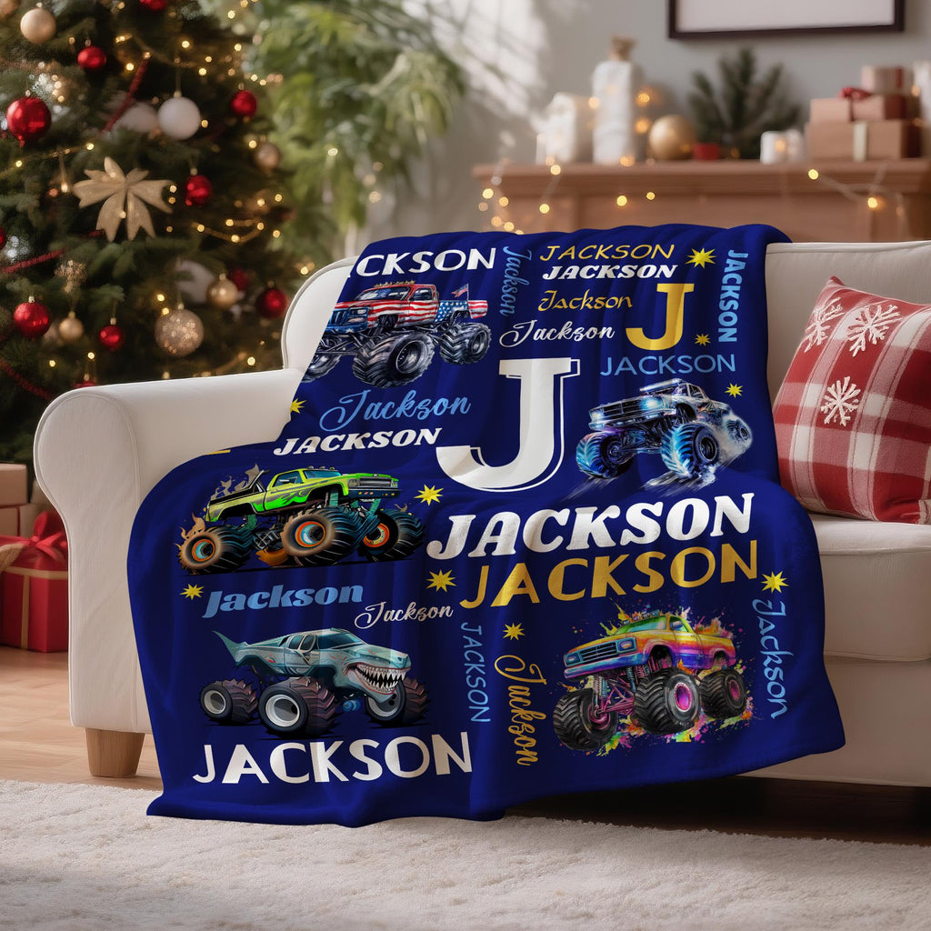 Personalized Monster Truck Name Blanket for Kids – Custom Truck Blanket, Boys Christmas Gift, Custom Name Throw Blanket