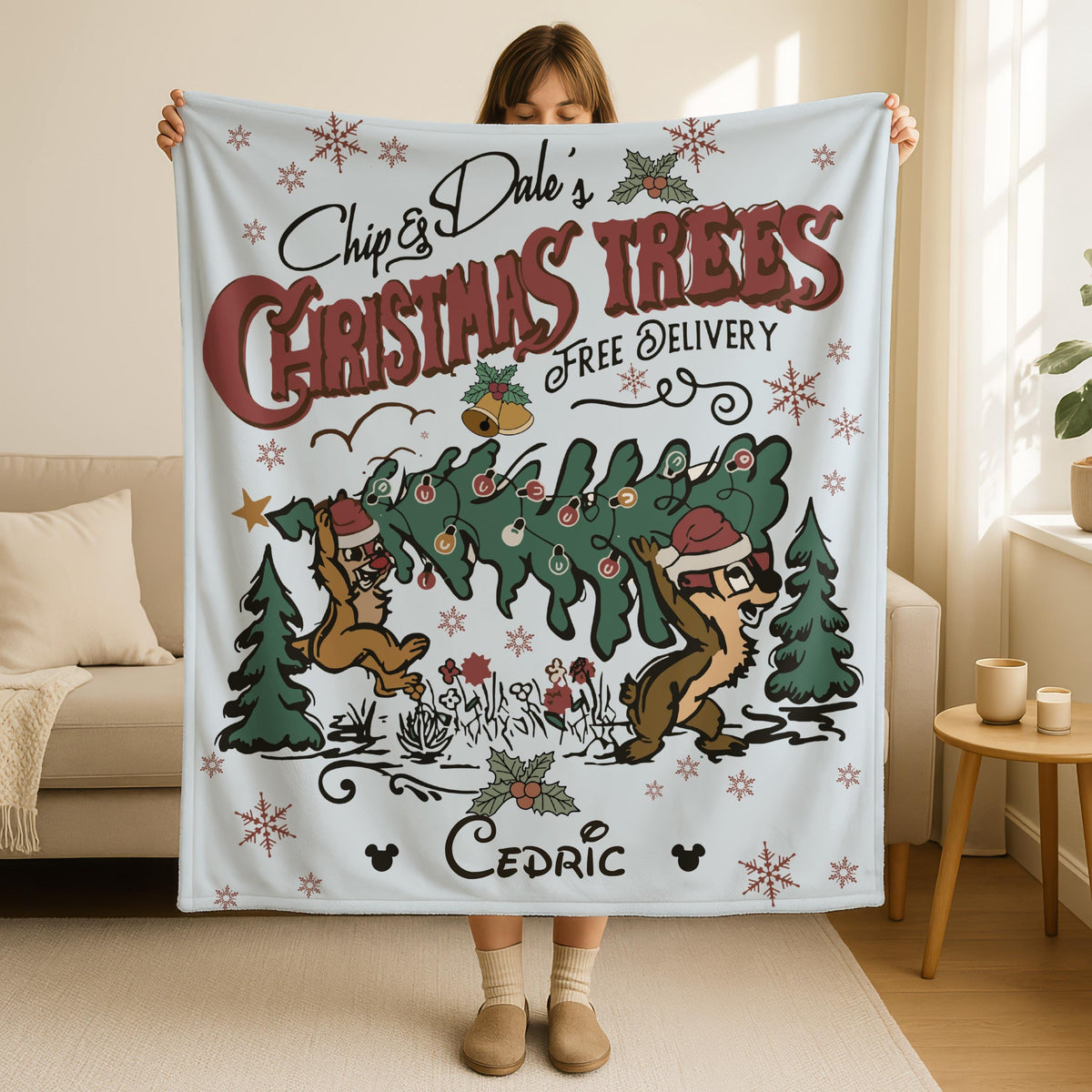 Christmas Trees Chip N' Dale Blanket with Name, Custom Name Blanket, Double Trouble Christmas Blanket, Christmas Disneyland Throw Blanket
