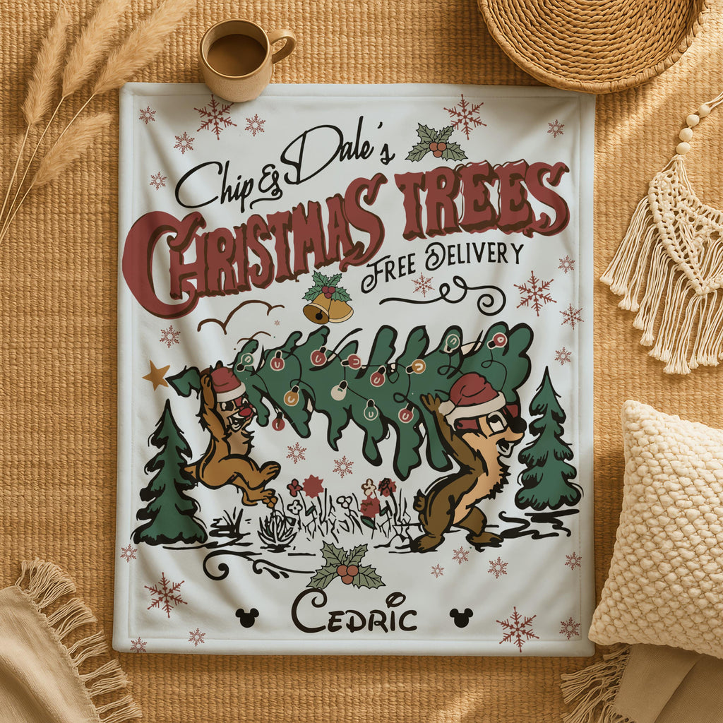 Christmas Trees Chip N' Dale Blanket with Name, Custom Name Blanket, Double Trouble Christmas Blanket, Christmas Disneyland Throw Blanket