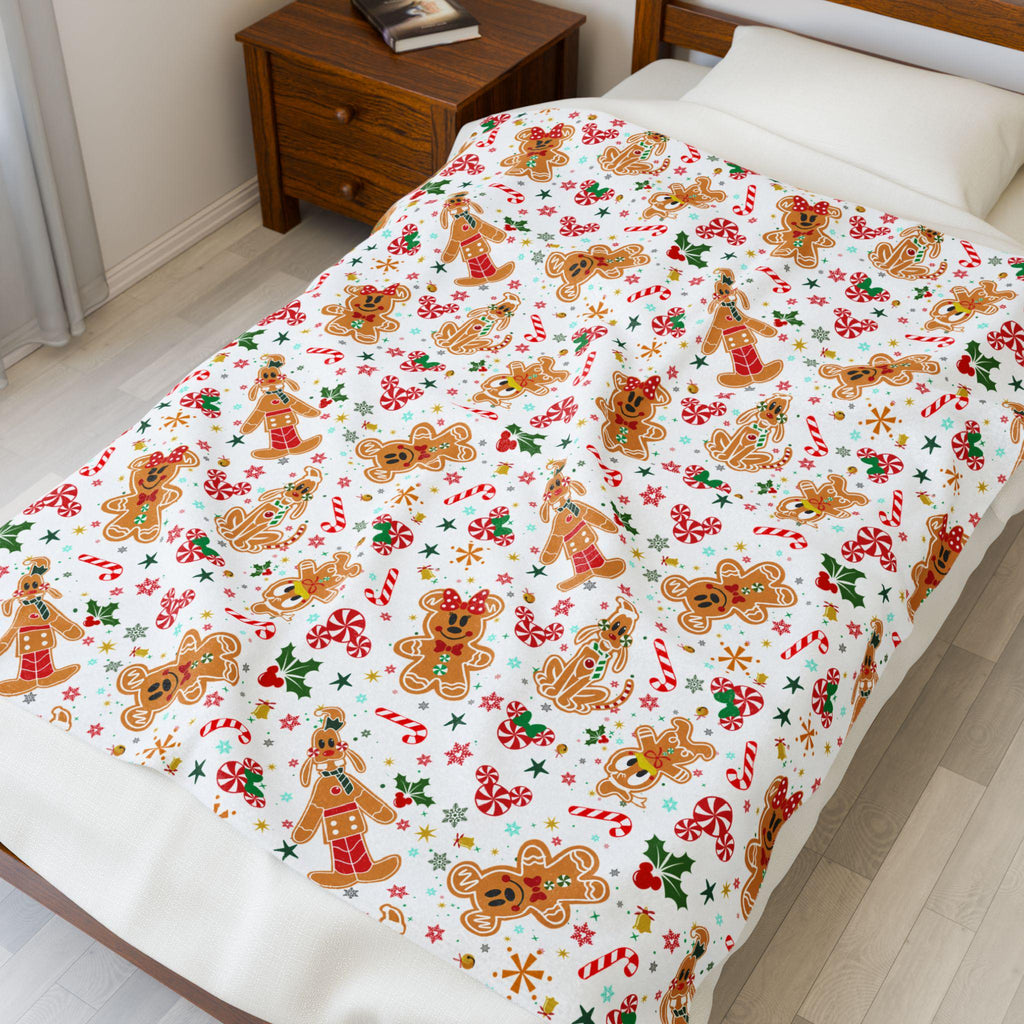 Christmas Gingerbread Velveteen Plush Blanket, Disney Fans Holiday Gift, Mouse Holiday Blanket, Cozy Winter Throw