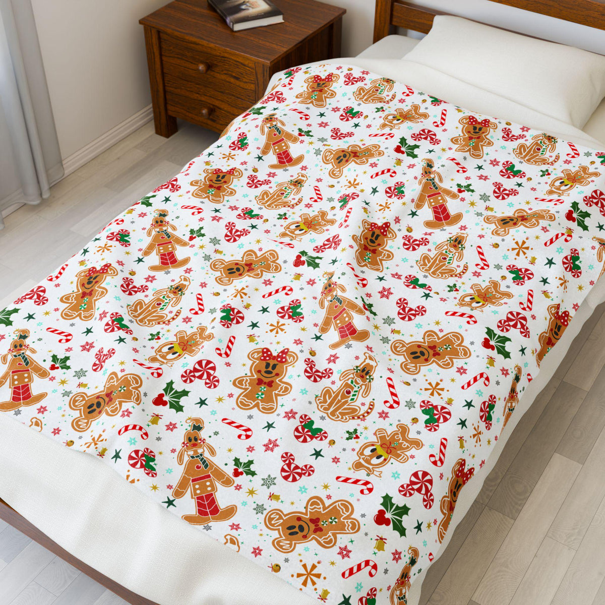 Christmas Gingerbread Velveteen Plush Blanket, Disney Fans Holiday Gift, Mouse Holiday Blanket, Cozy Winter Throw