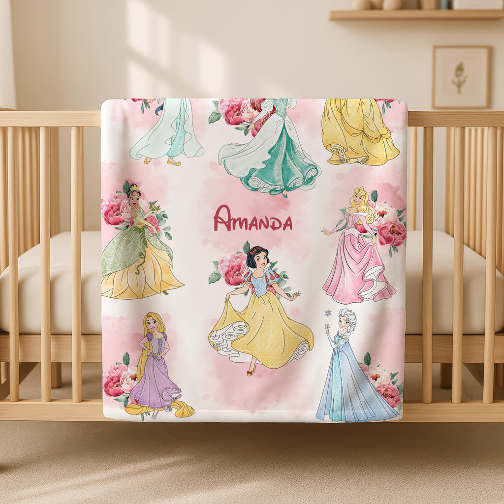 Floral Disney Princess Blanket, Blanket With Name, Personalized Disney Princess Blanket, Blanket Gifts, Toddler Gift,New Mom Gift,Kid Gift