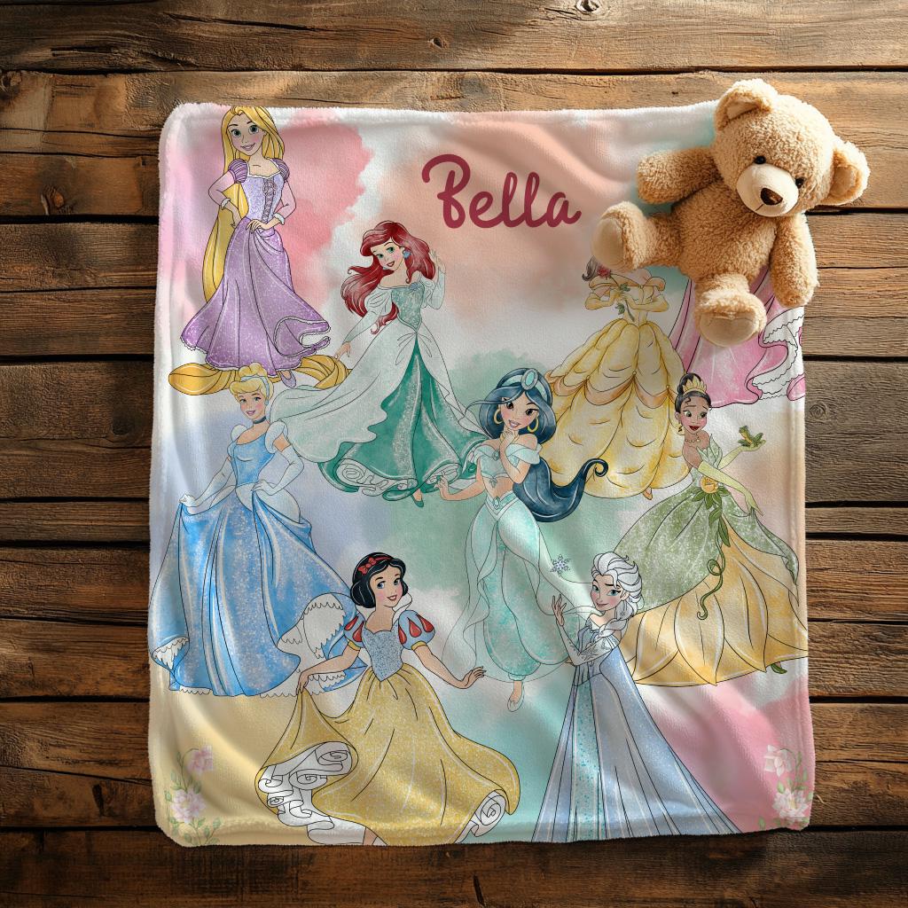 Personalized Disney Princess Blanket, Princess Girl Gift, Personalized Kid Blanket,Girly Gift Ideas, Disney Cinderella Ariel Belle Blanket
