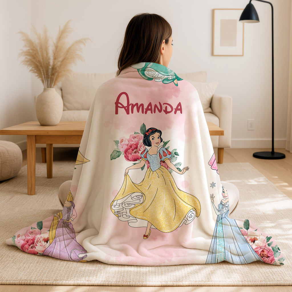 Floral Disney Princess Blanket, Blanket With Name, Personalized Disney Princess Blanket, Blanket Gifts, Toddler Gift,New Mom Gift,Kid Gift