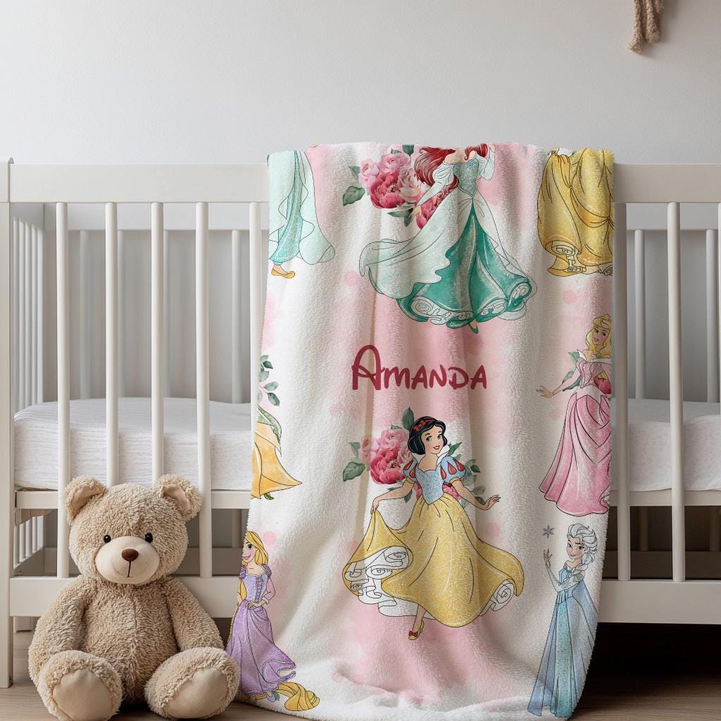 Floral Disney Princess Blanket, Blanket With Name, Personalized Disney Princess Blanket, Blanket Gifts, Toddler Gift,New Mom Gift,Kid Gift
