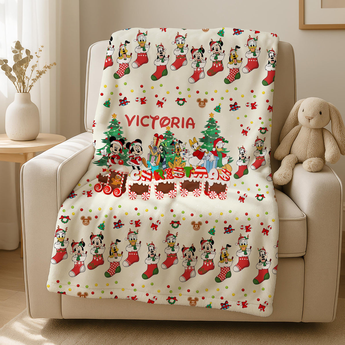 Custom Name Mickey and Friends Christmas Blanket, Xmas Holiday Blanket, Mickey's Very Merry Christmas Party Gift,Kids Christmas Blanket gift